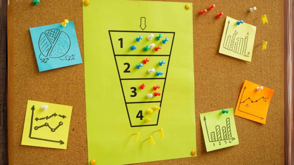 Marketing funnel depiction using pins on paper